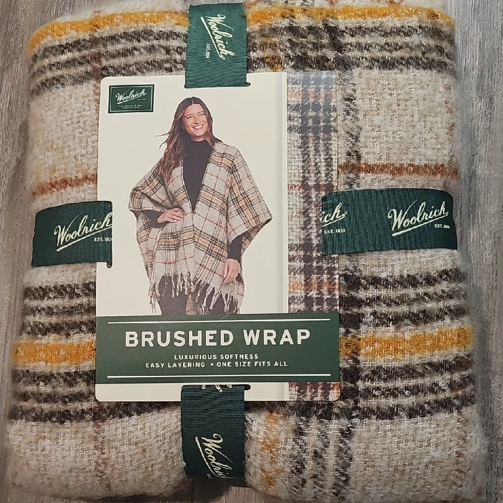 Woolrich Plaid Fringe Wrap - Green, Orange, Cream